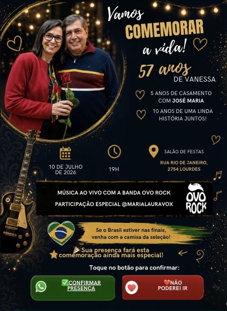 Convite Vamos comemorar a vida: 10 de julho de 2026, as 19h, no Salao de Festas da Rua Rio de Janeiro, 2754, Lourdes